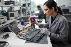 Engineer in a laboratory using a thermal camera to test the battery life and heat management of an open laptop.