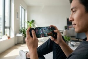 A person in a bright room uses a mobile controller to play a cyberpunk racing game on their smartphone.