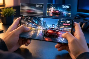 High refresh rate mobile gaming with 60Hz vs 120Hz comparison.