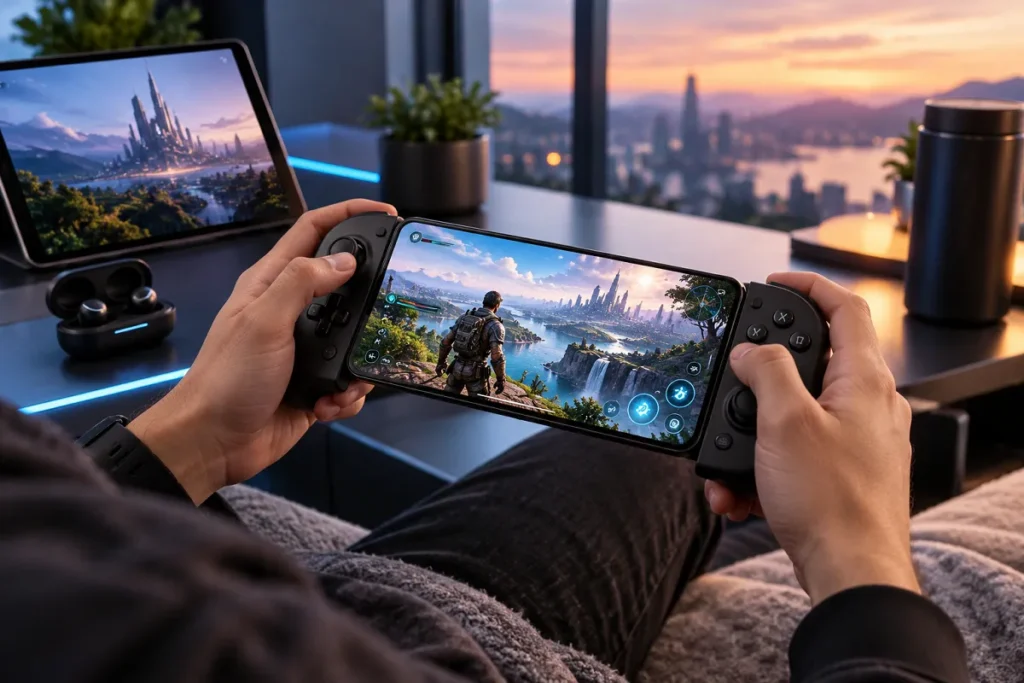 Gamer playing an immersive mobile game with a smartphone controller, showcasing WaveTechGlobal mobile gaming technology.