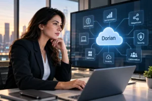 Professional viewing Dorian technology platform features on a digital screen.