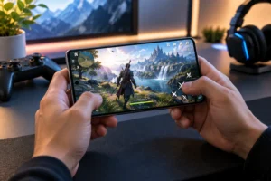 Powerful smartphone running a high-quality mobile game.