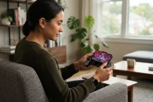 A person relaxing on a living room couch while playing a mobile game using a dedicated smartphone gaming controller attachment.