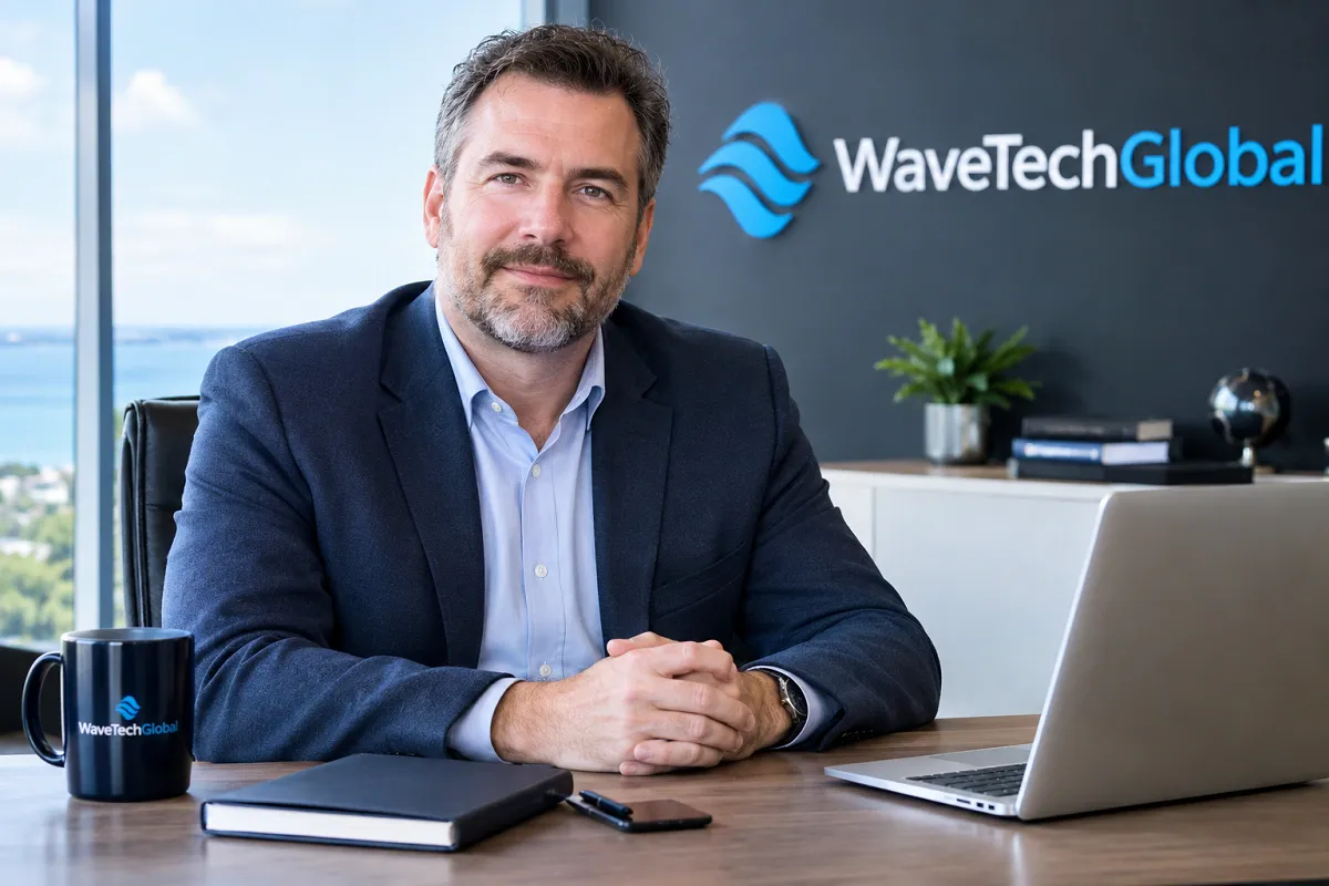 Stewart from WaveTechGlobal in a modern corporate office.