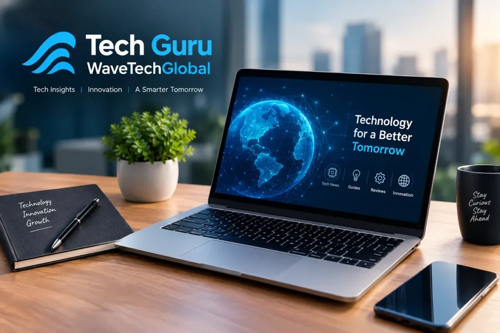 Tech Guru WaveTechGlobal technology workspace with laptop and global innovation graphics. Select 89 more words to run Humanizer.