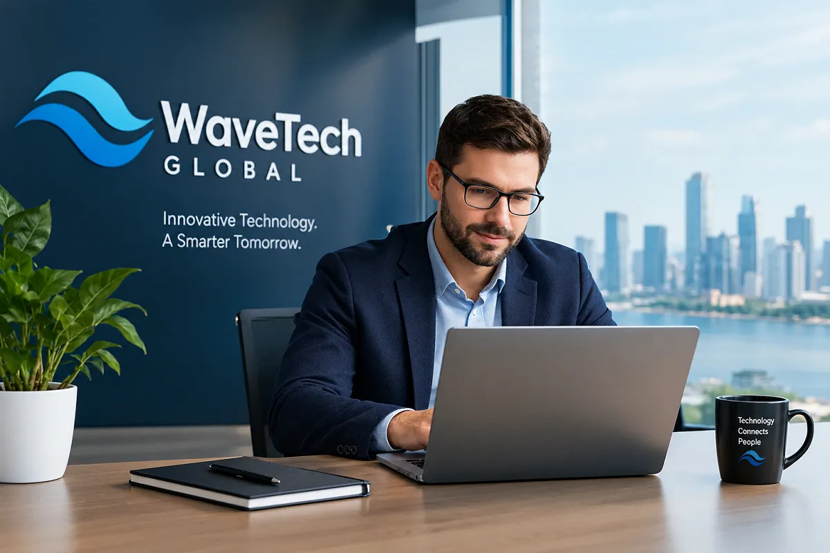 WaveTech Global professional working in a modern technology office.