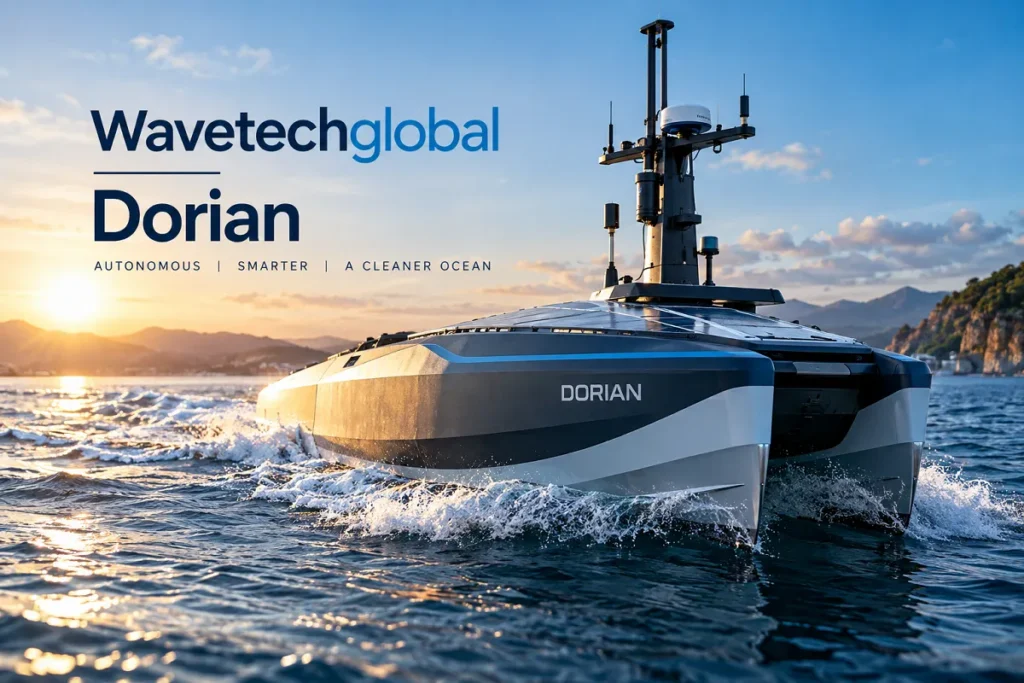 Wavetechglobal Dorian autonomous smart vessel navigating the ocean.